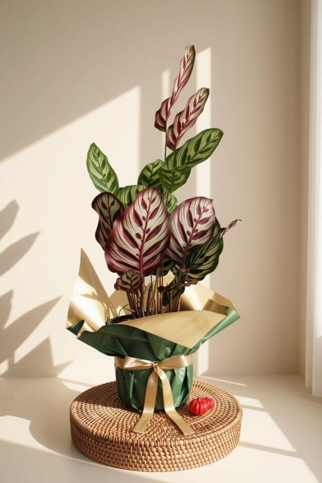 Premium İthal Calathea Dua Çiçeği - Özel Yeşil Gold Ambalaj Tasarımlı