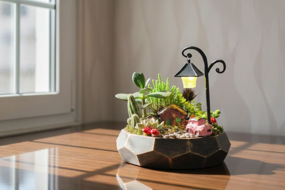Geometrik Saksıda Pembe Arabalı Işıklı Canlı Sukulent Terraryum - Mini Bahçe