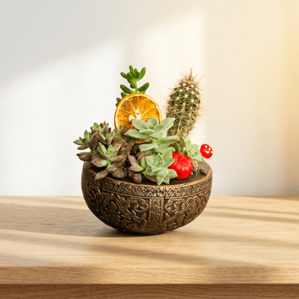 Eskitme Desenli Seramik Kasede Canlı Kaktüs ve Sukulent Terraryum Aranjmanı