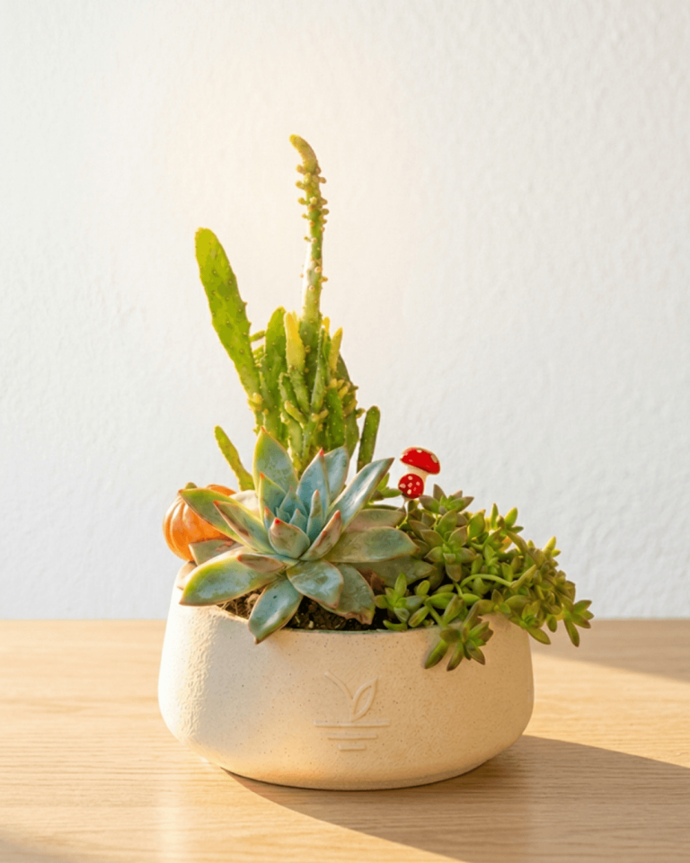 Modern Beton Saksıda Canlı Kaktüs ve Sukulent Terraryum Aranjmanı