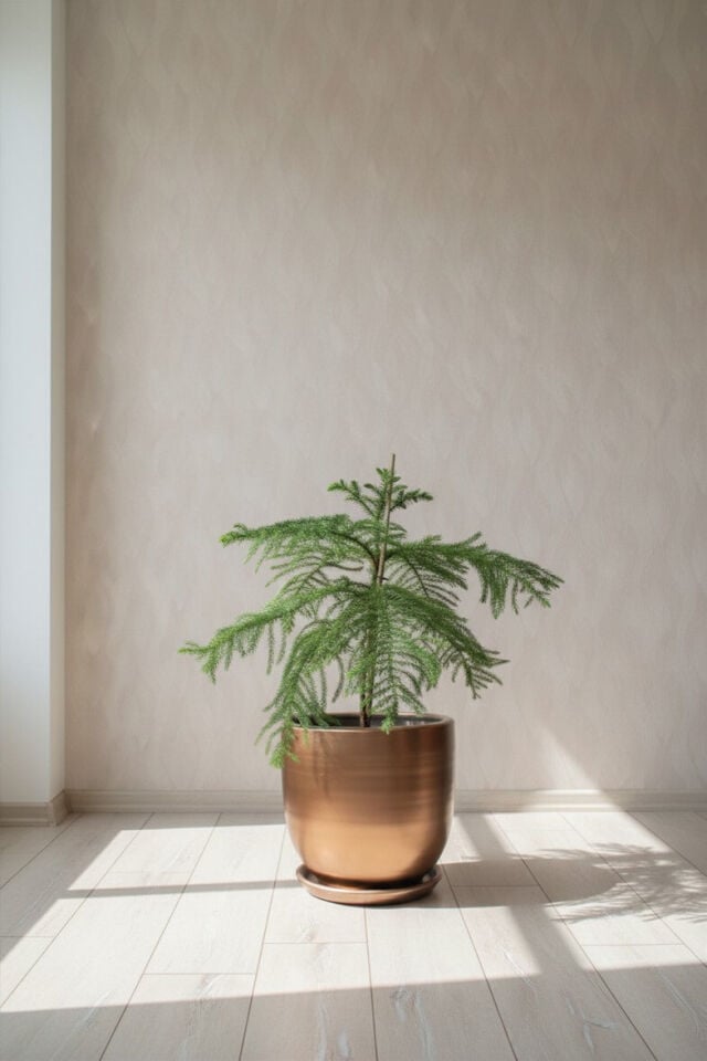 El Yapımı Bronz Altın Saksıda Canlı Araucaria Arokarya Salon Bitkisi (90 cm)