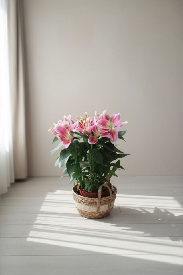 Hasır Sepette Canlı Pembe Lilium Lilyum Salon Bitkisi