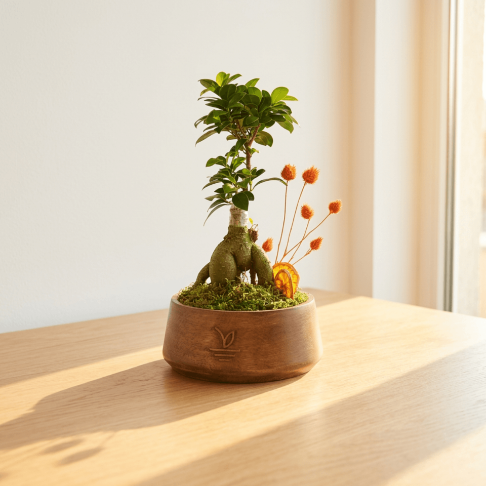 Dekoratif Saksıda Canlı Ficus Ginseng Bonsai Aranjmanı